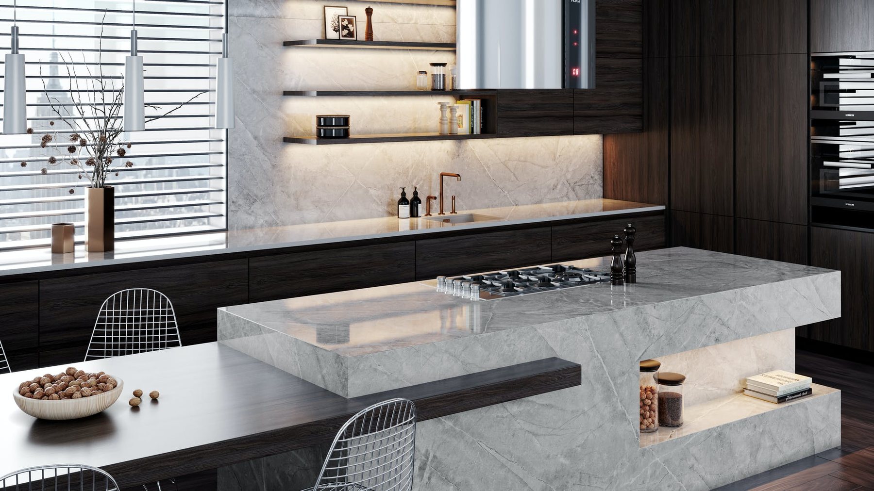Keittiön taustaseinä ja taso Dekton Sogne