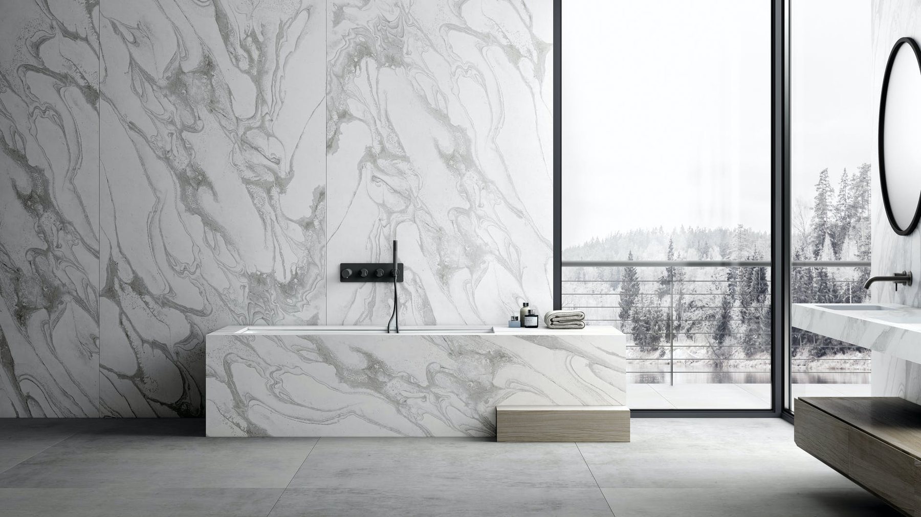 Kylpyhuone Dekton Liquid Sky -pinnoilla
