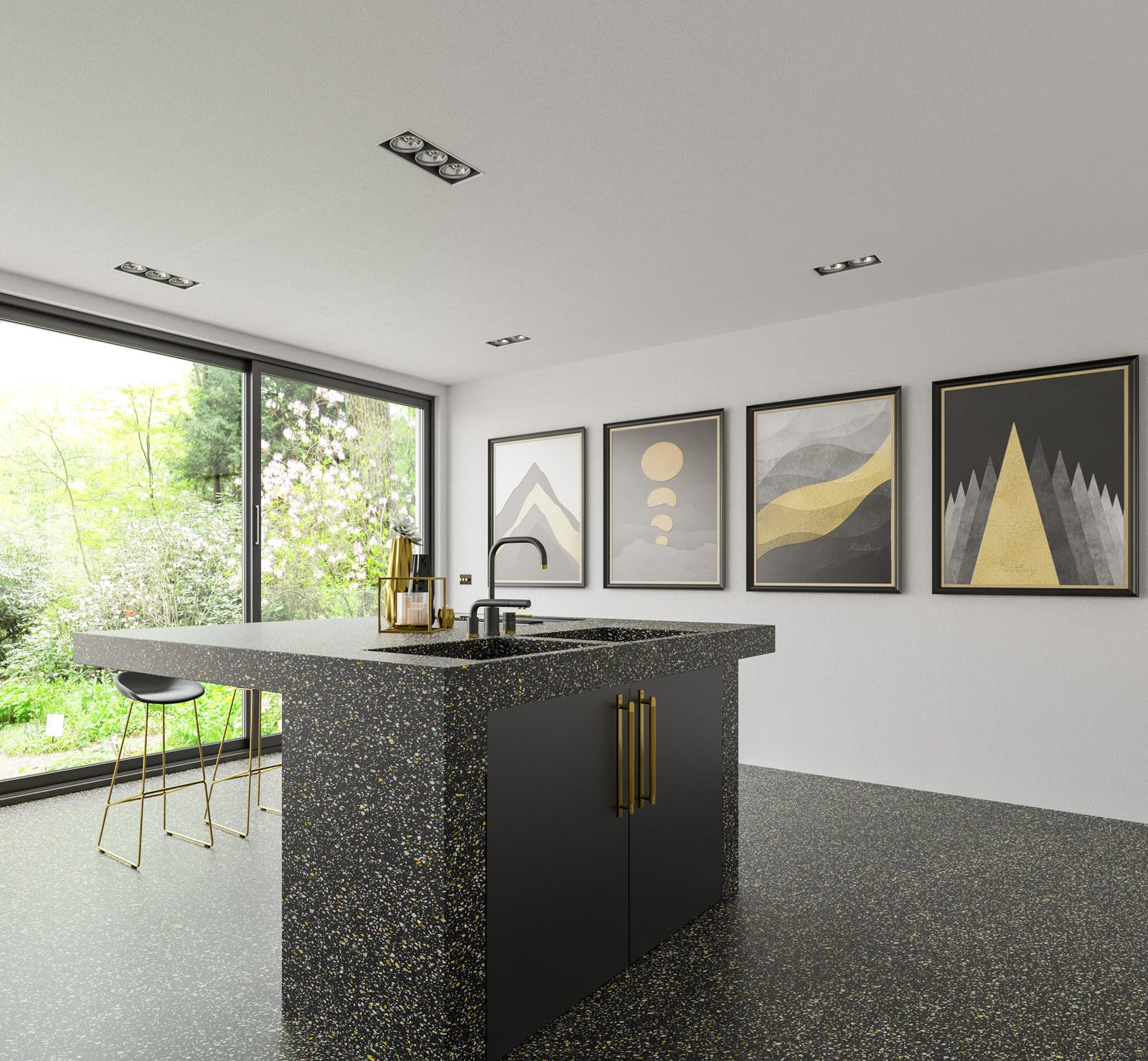 Technistone Taurus Terrazzo Black -kvartsitaso saarekkeessa – Stoneks Finlandin asennus