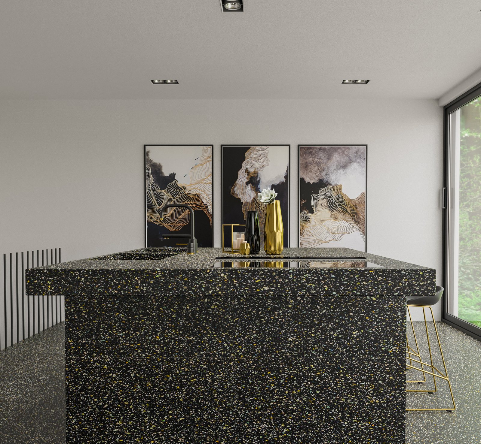 Technistone Taurus Terrazzo Black -kvartsitaso saarekkeessa – Stoneks Finlandin asennus, kuva 2