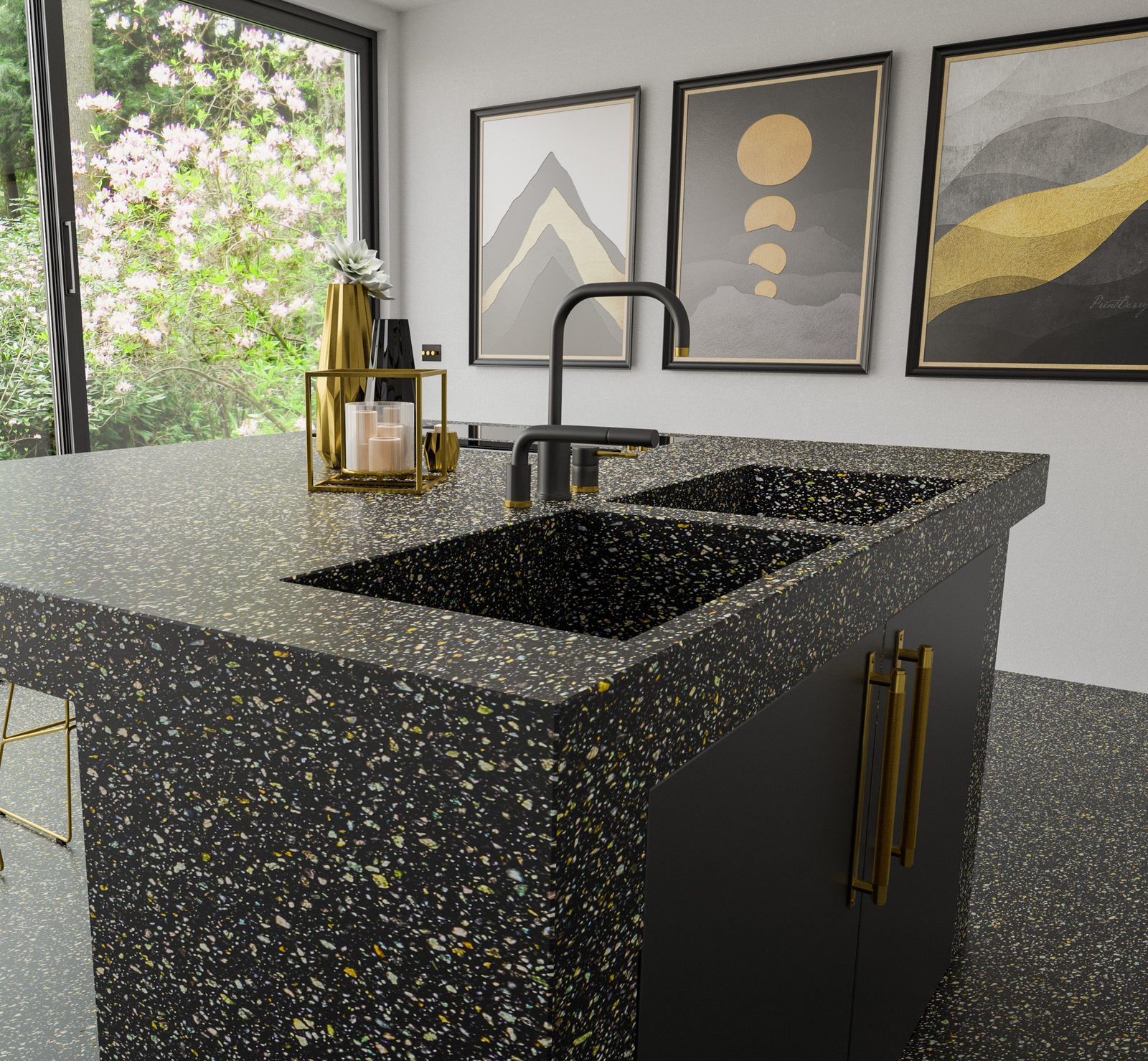 Technistone Taurus Terrazzo Black -kvartsitaso saarekkeessa – Stoneks Finlandin asennus, kuva 3